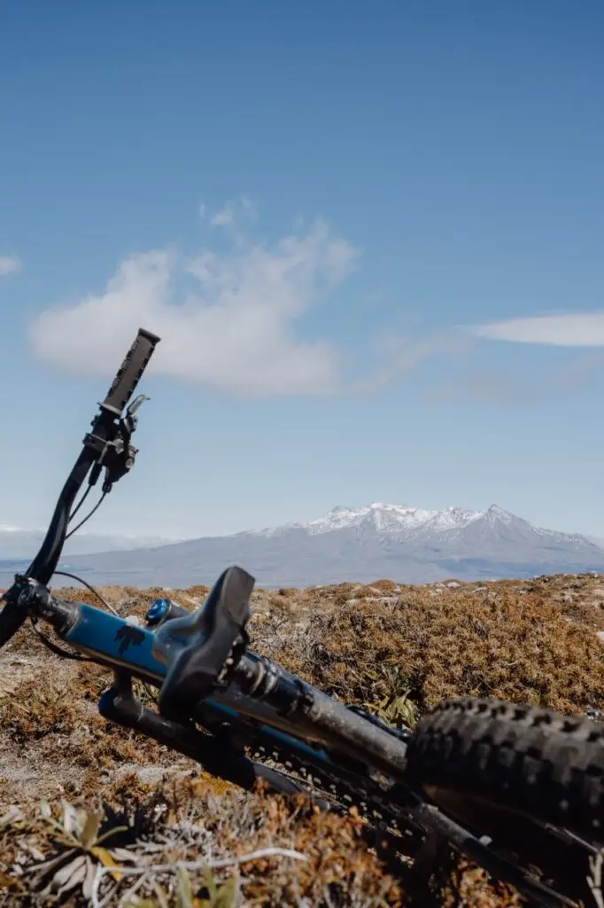 A blue mountain bike rests on dry, shrubby ground with snow-capped mountains in the background under a blue sky