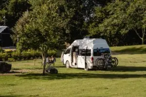 A white camper van with two bicycles on the back is parked in a grassy field, with a person relaxing under a nearby tree